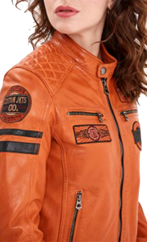 Blouson cuir orange femme sale